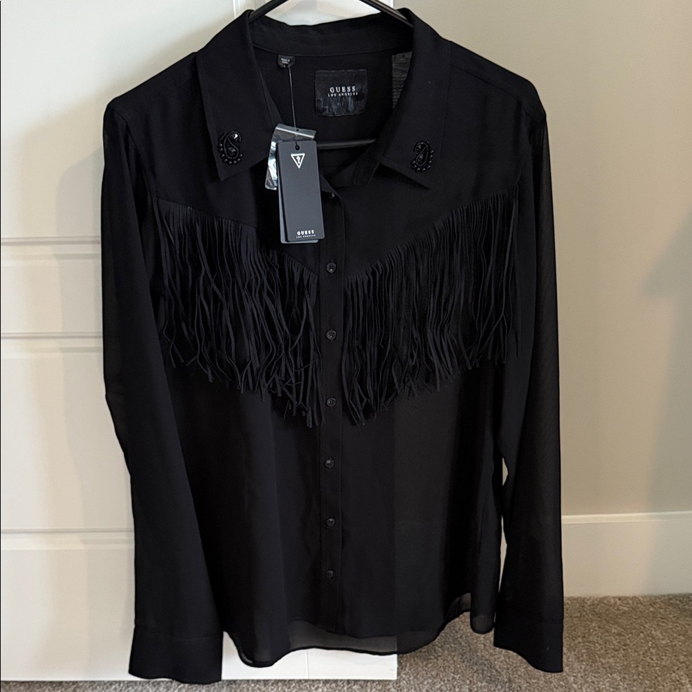 Guess Black Fringe Button-Up Top